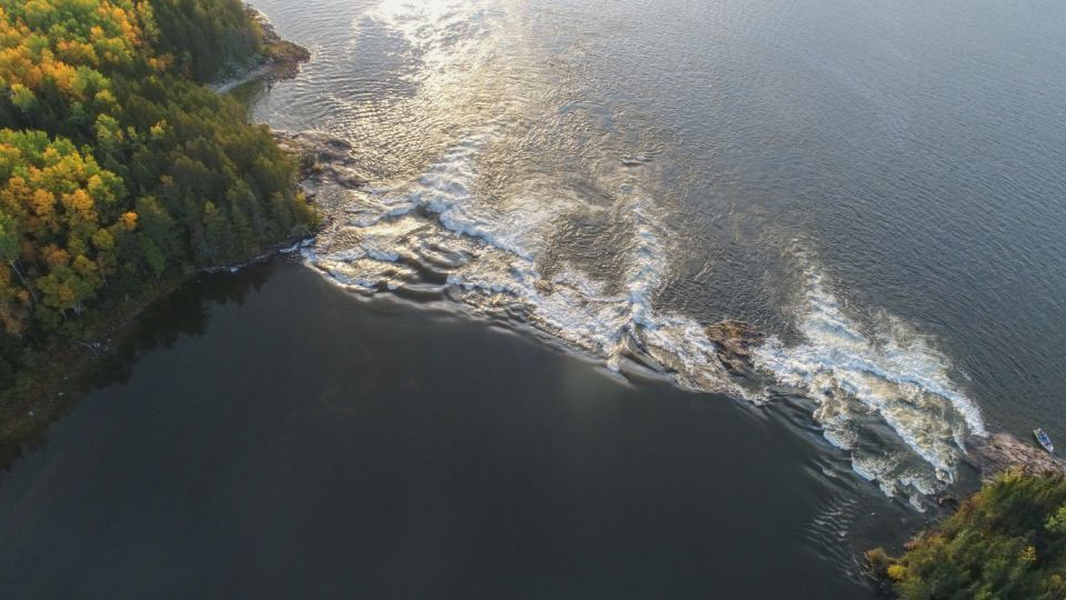 An aerial view of a large body of water surrounded by trees.