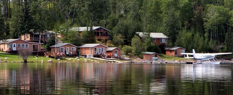 A view of Oak Lake Lodge's fishing cottages from the lake.
