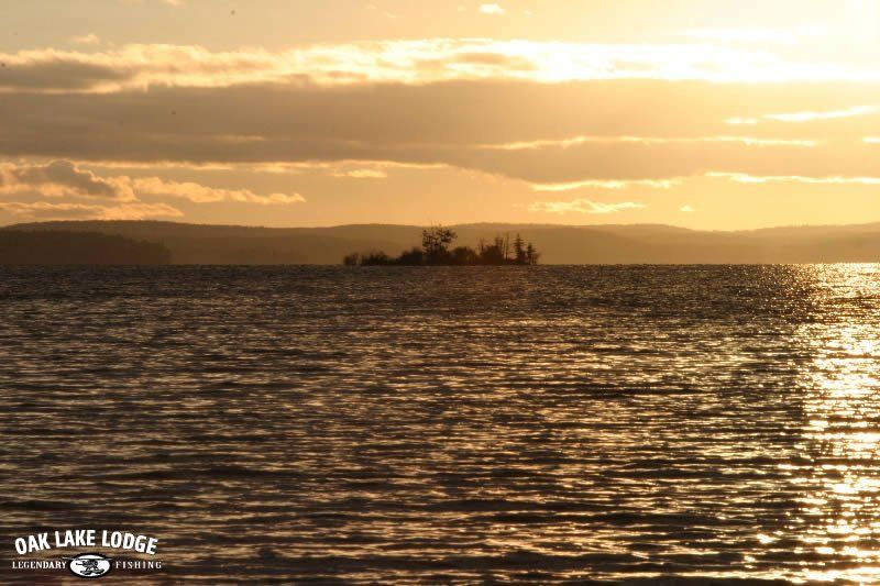 A boat is in the middle of a lake at sunset.