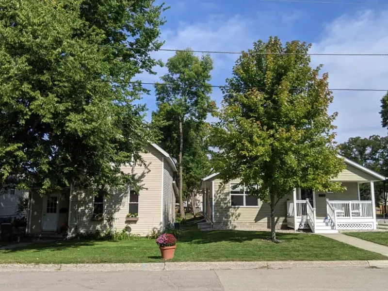 A couple of houses with trees in front of them