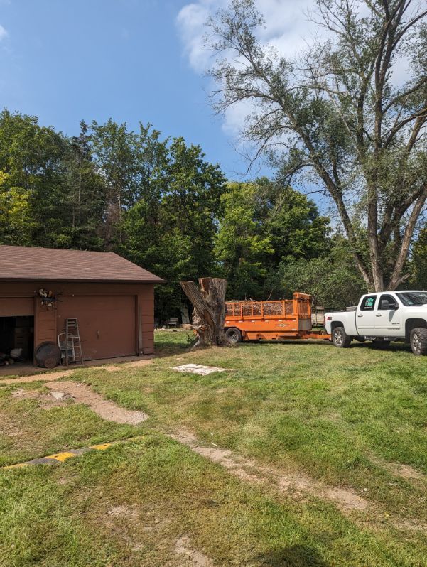 A white truck is parked in a grassy yard next to a garage.
