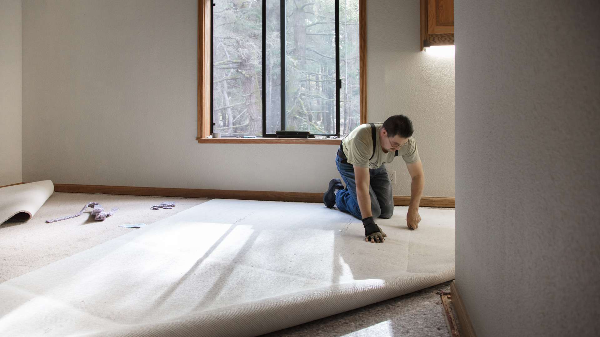 A man is kneeling on the floor in a room.