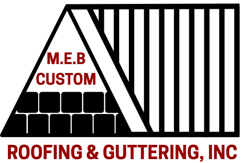 Logo for M.E.B. Custom Roofing & Guttering, Inc., featuring a roof outline with company name.