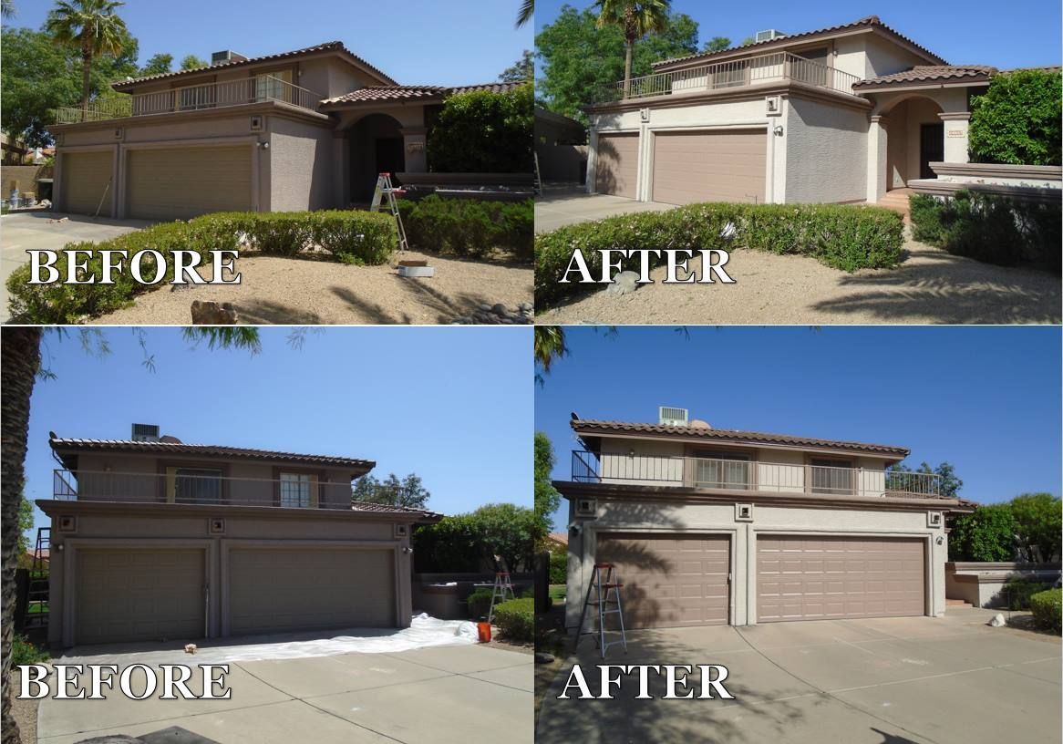 Before and after photos of a house exterior showing paint changes and landscaping.