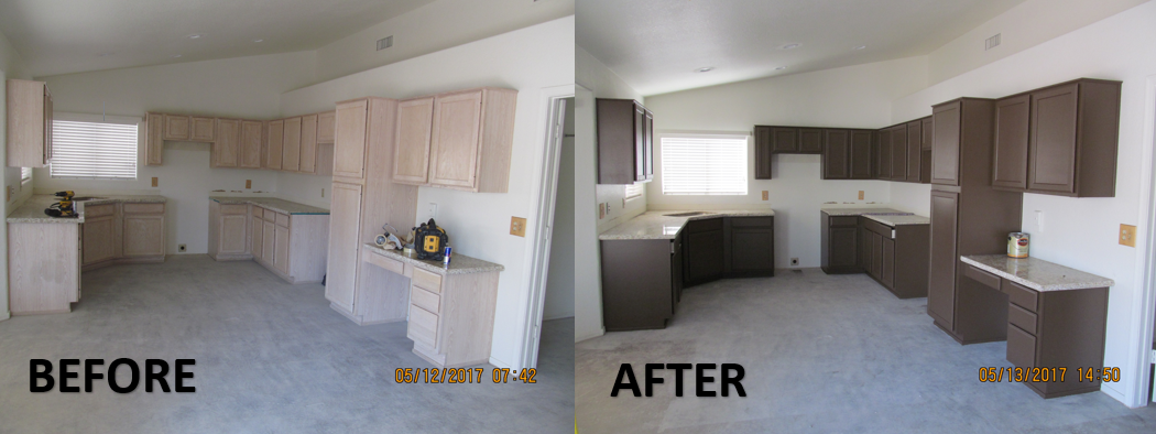 Kitchen before and after renovation: light cabinets to dark, new countertops, and fresh paint.