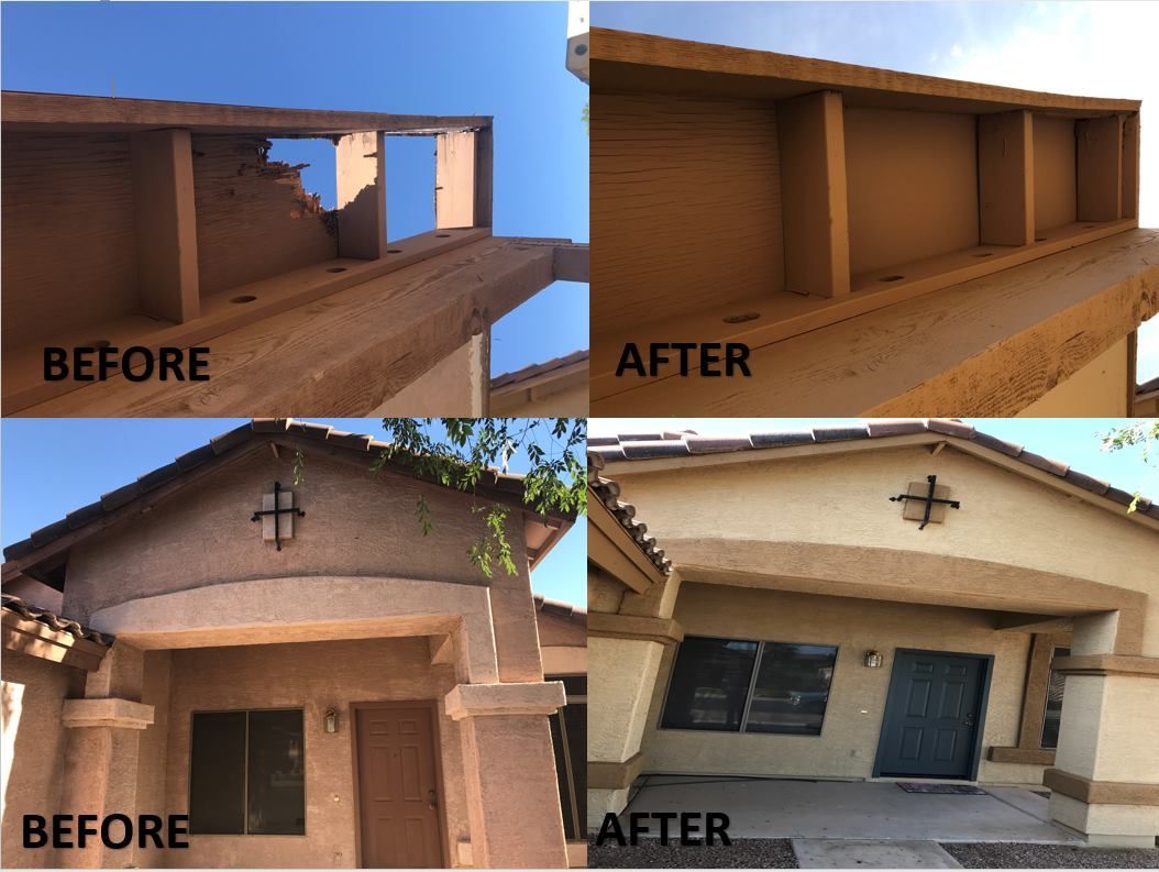 Before and after photos of house repair: damaged exterior repaired with stucco and paint.