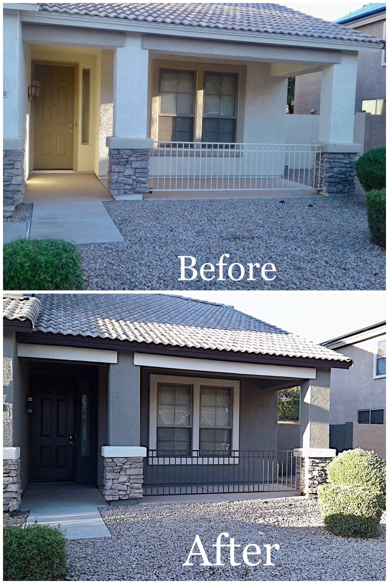 Before-and-after of a house exterior: changed from beige to gray, with updated porch railing.