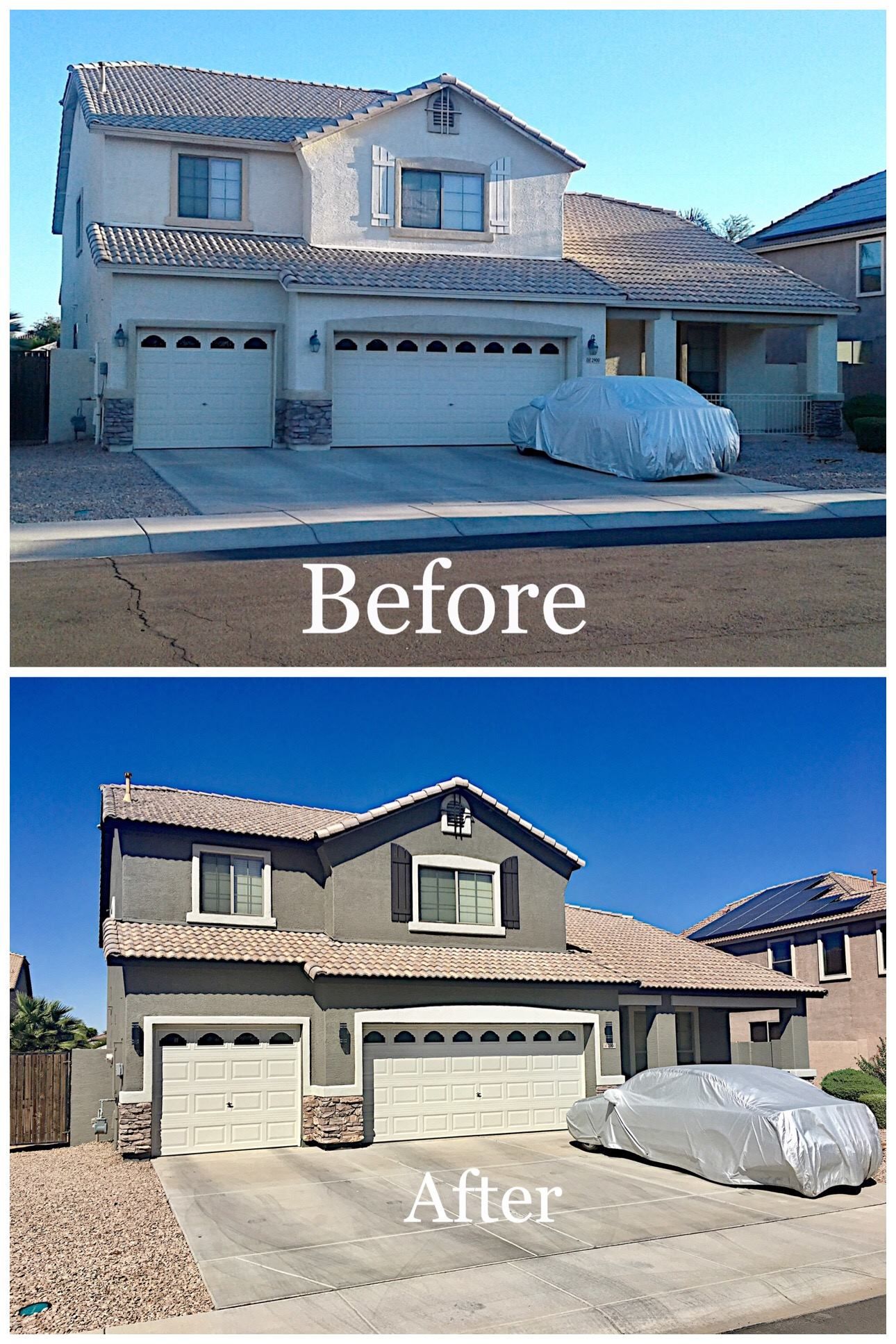 Before and after exterior house paint: beige to gray, blue sky, car covered.