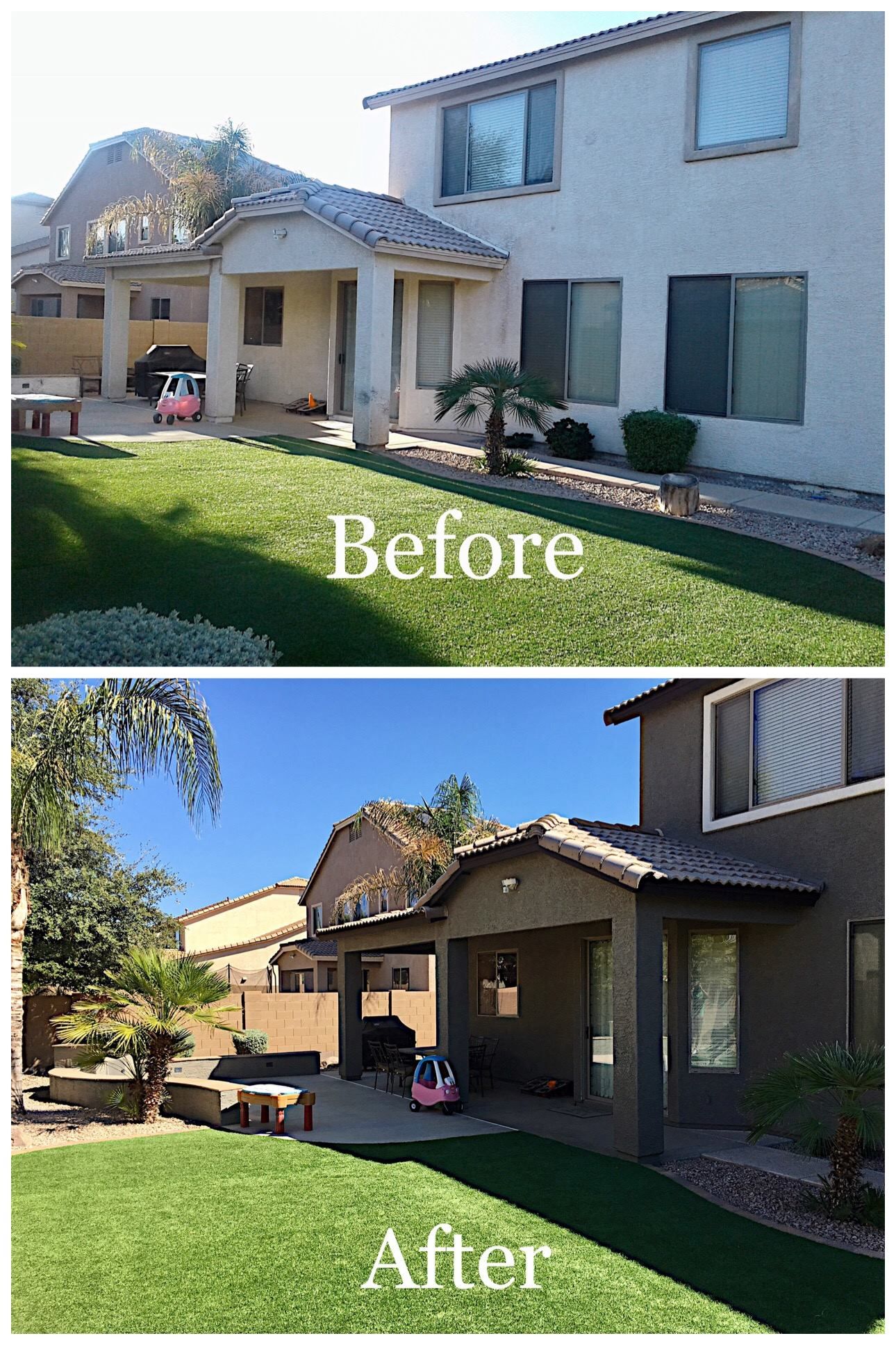 Before and after exterior home view, beige to dark gray paint transformation. Lawn, patio, and two-story structure.