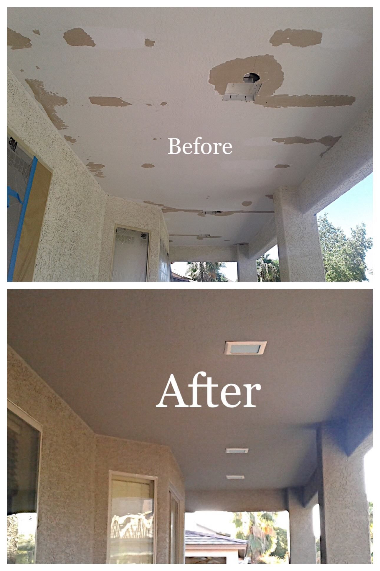 Before and after of a porch ceiling repair, showing damaged plaster then a smooth, painted surface.