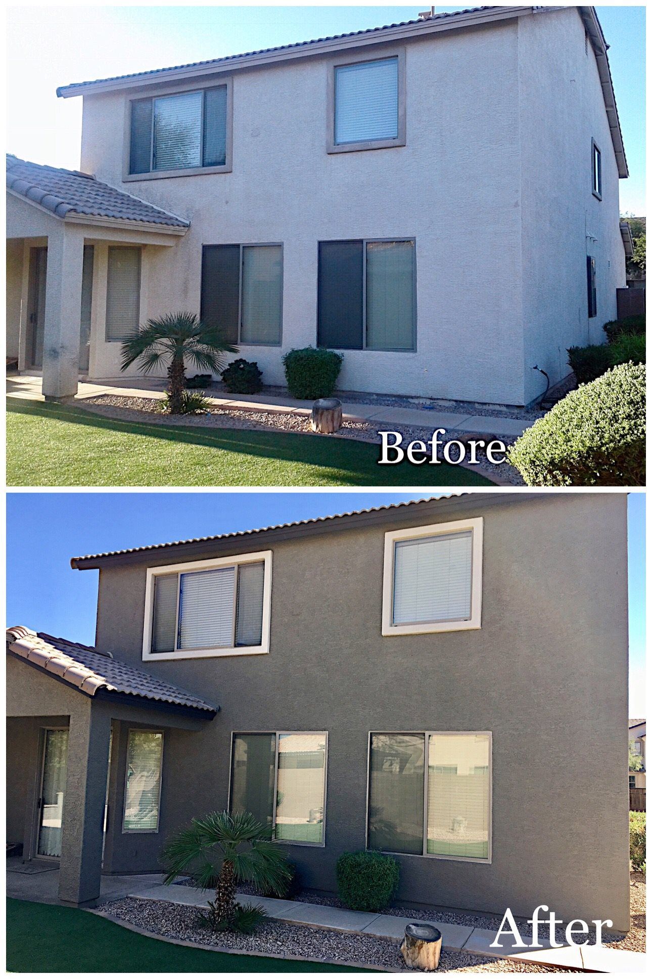 Before and after of a two-story house exterior painted from beige to gray with white window trim.