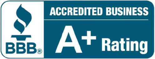 BBB Accredited Business with A+ Rating. Blue and white logo.