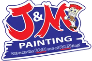 Logo for J & M Painting: Red letters, paintbrush mascot, blue background, tagline: "We take the PAIN out of PAINTing!"