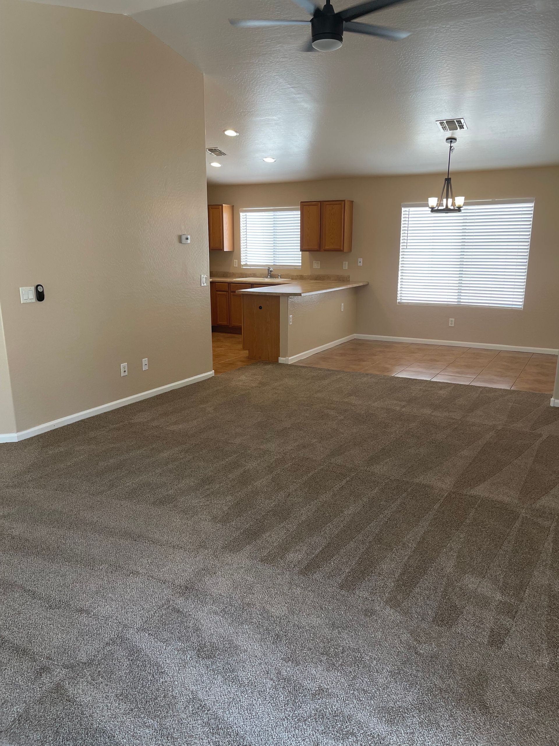 Open-concept living space with beige walls, kitchen in the back, carpet flooring, and blinds on the windows.