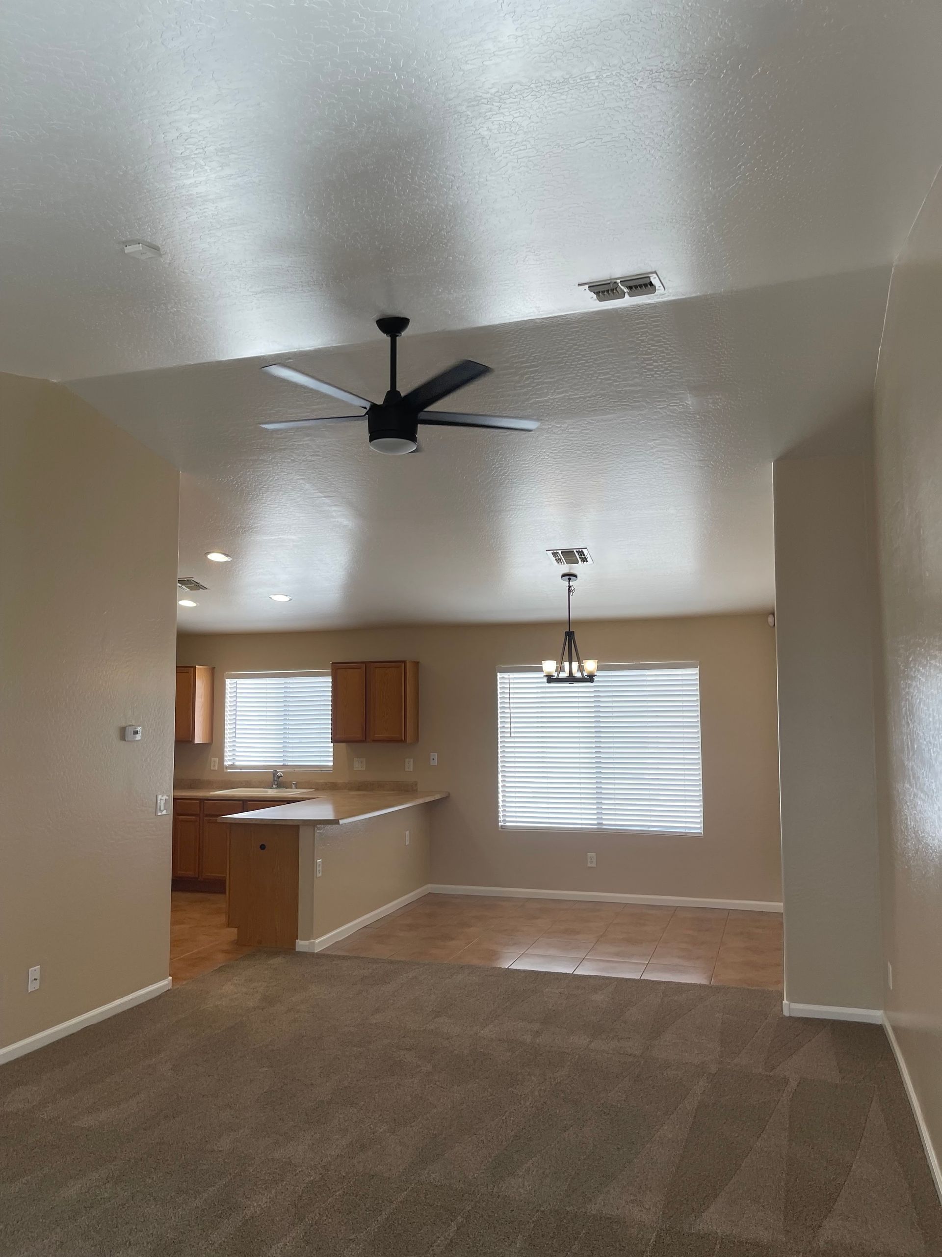 Open-concept living area with kitchen, brown carpet, beige walls, ceiling fan, and window blinds.