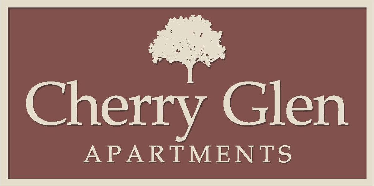 Cherry Glen Apartments logo, beige on maroon with a cherry tree at the top