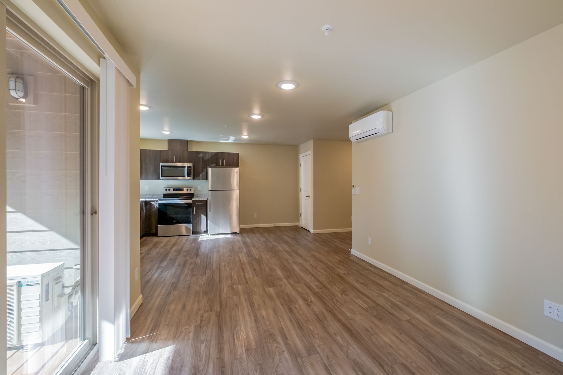 Harmona Heights Apartment community in South Salem Oregon, two-bedroom two-bathroom – open-concept living room, heater and AC