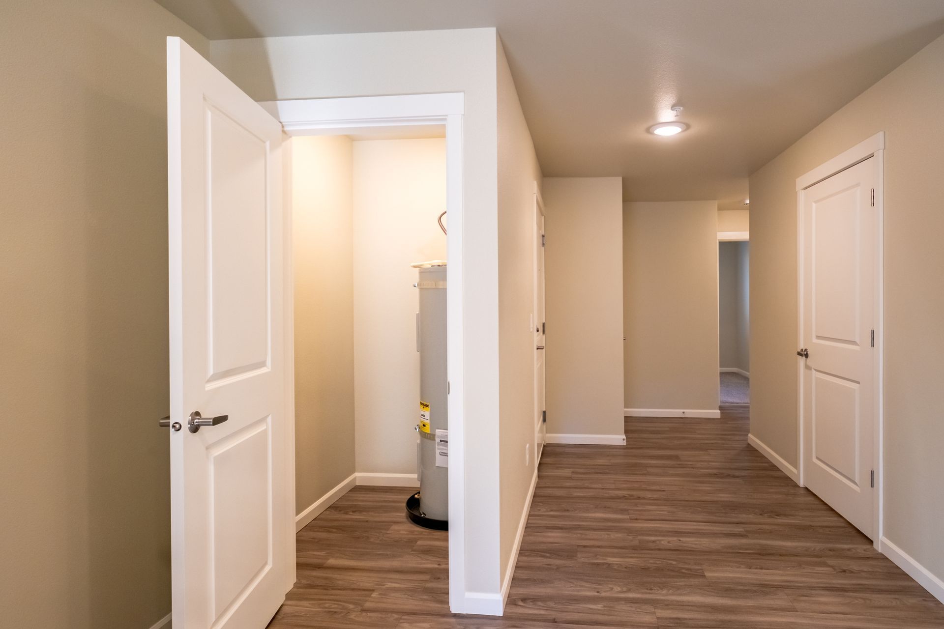 Harmona Heights Apartment community in South Salem Oregon, two-bedroom two-bathroom – water heater and closet.