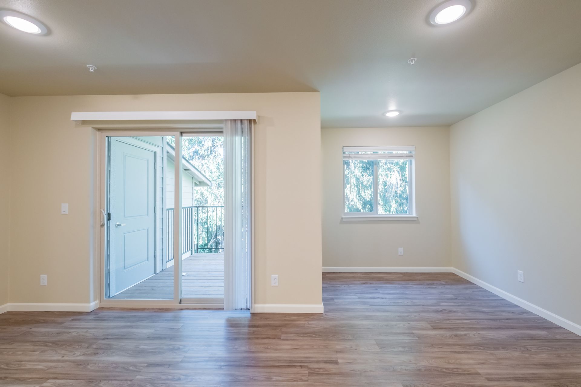 Harmona Heights Apartment community in South Salem Oregon, one-bedroom one-bathroom – dining room and sliding glass door.