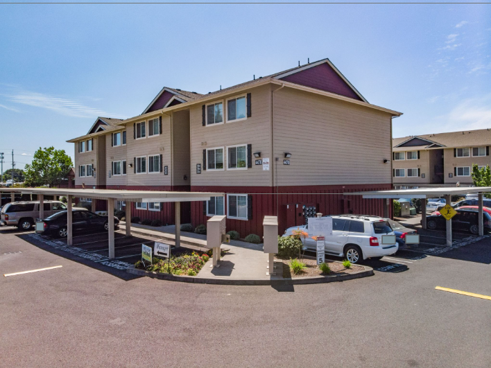 Newcastle Place Apartments in Salem Oregon, Near Chemeketa Community College -aerial apartment community and carports.