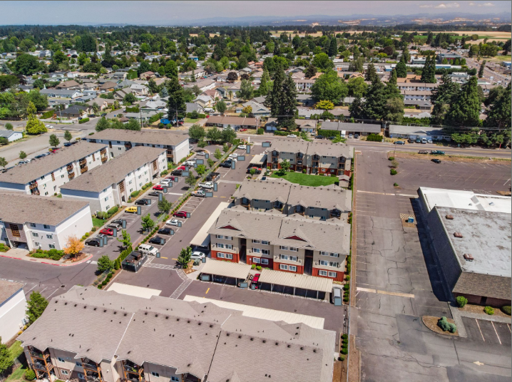 Newcastle Place Apartments in Salem Oregon, Near Chemeketa Community College -aerial view of apartments, parking lot.