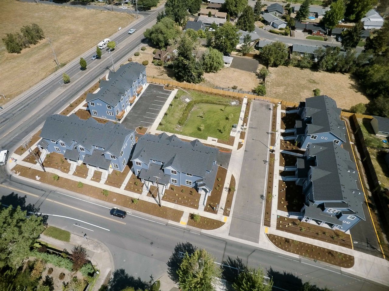 Goodnight Townhomes in Corvallis, OR, Near Oregon State University – aerial apartment community view.
