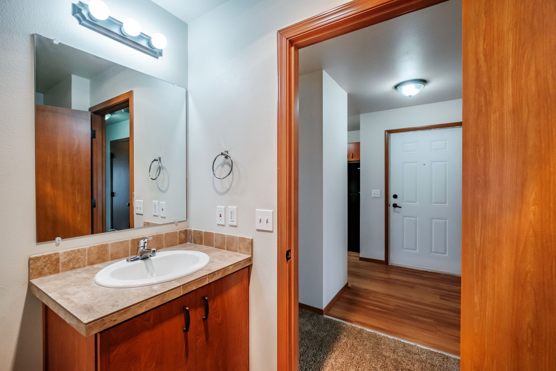 Aspen Place Apartments in Lebanon OR, near Western University of Health Sciences, two-bed two-bath – bathroom sink mirror -2.