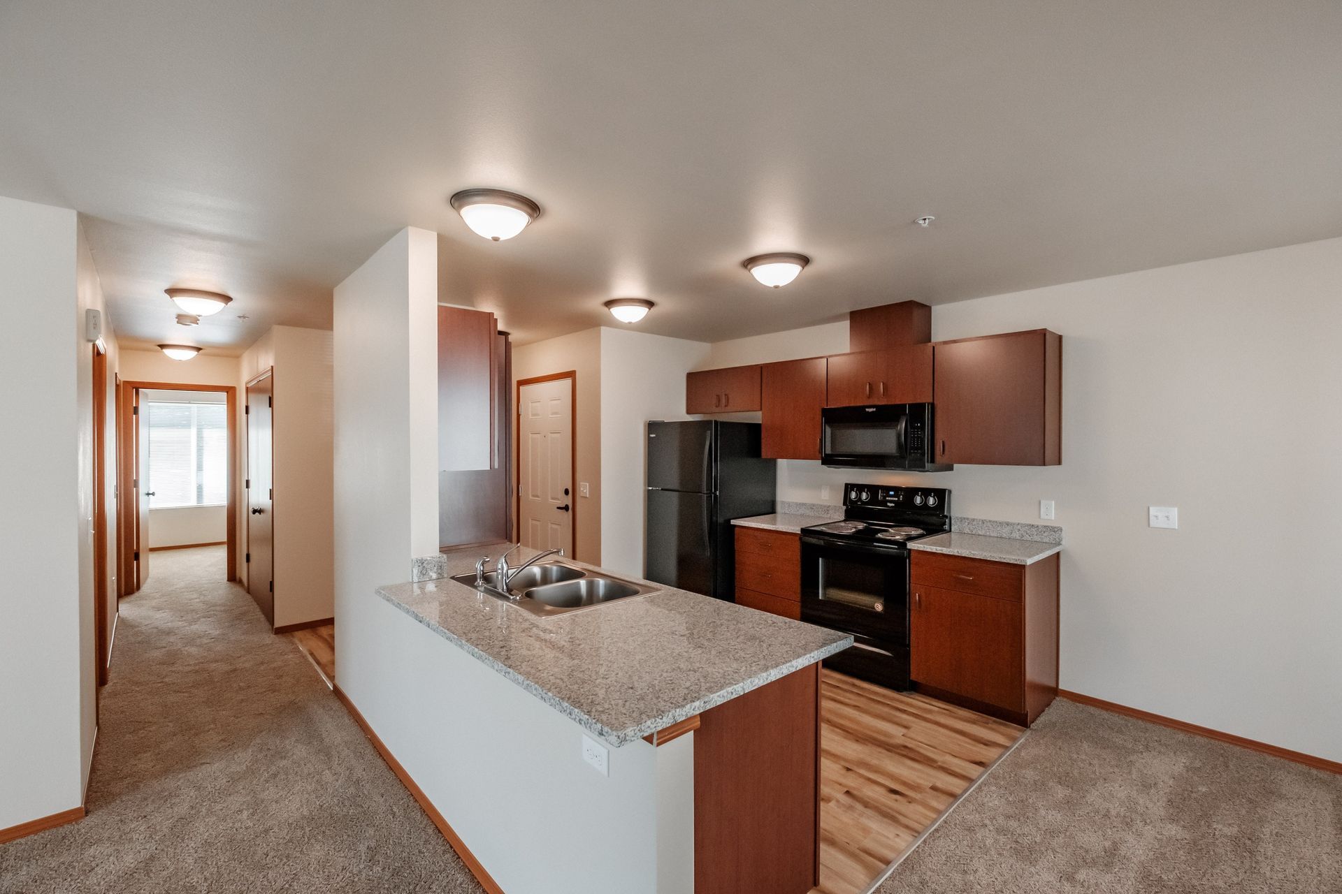 Oak Springs Apartments in Philomath Oregon, Near Oregon state University, two-bedroom two-bathroom –kitchen and hallway.