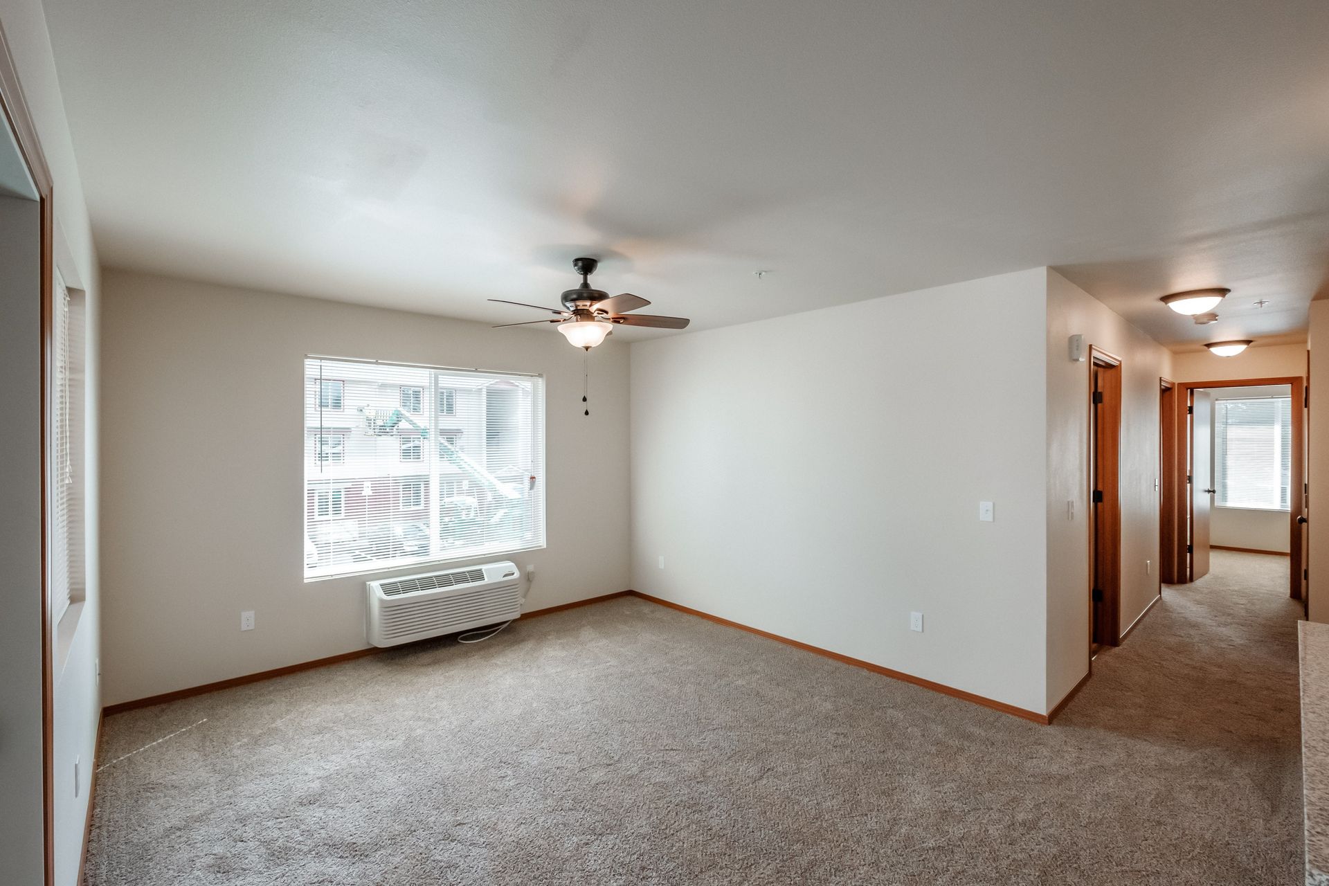 Oak Springs Apartments in Philomath Oregon, Near Oregon state University, two-bedroom two-bathroom –living room and hallway.