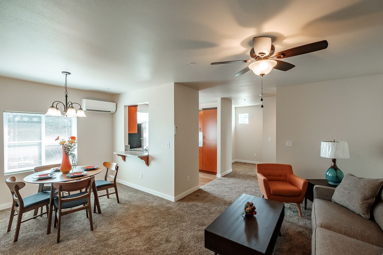 Goodnight Townhomes in Corvallis, OR, Near Oregon State University, three-bed, 2.5 bath – living room and dining room.