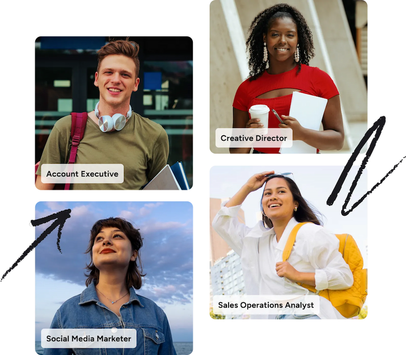 Four people, each representing a job title: AE, Creative Director, Social Media Marketer, and Sales Operations Analyst.