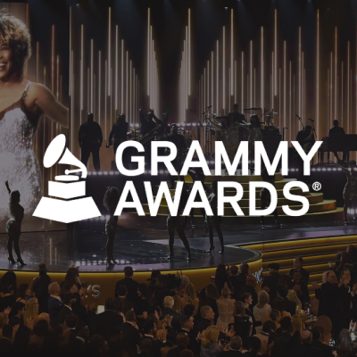 Grammy Awards logo over a stage with performers and audience. Stage lights, a large screen, and musicians.