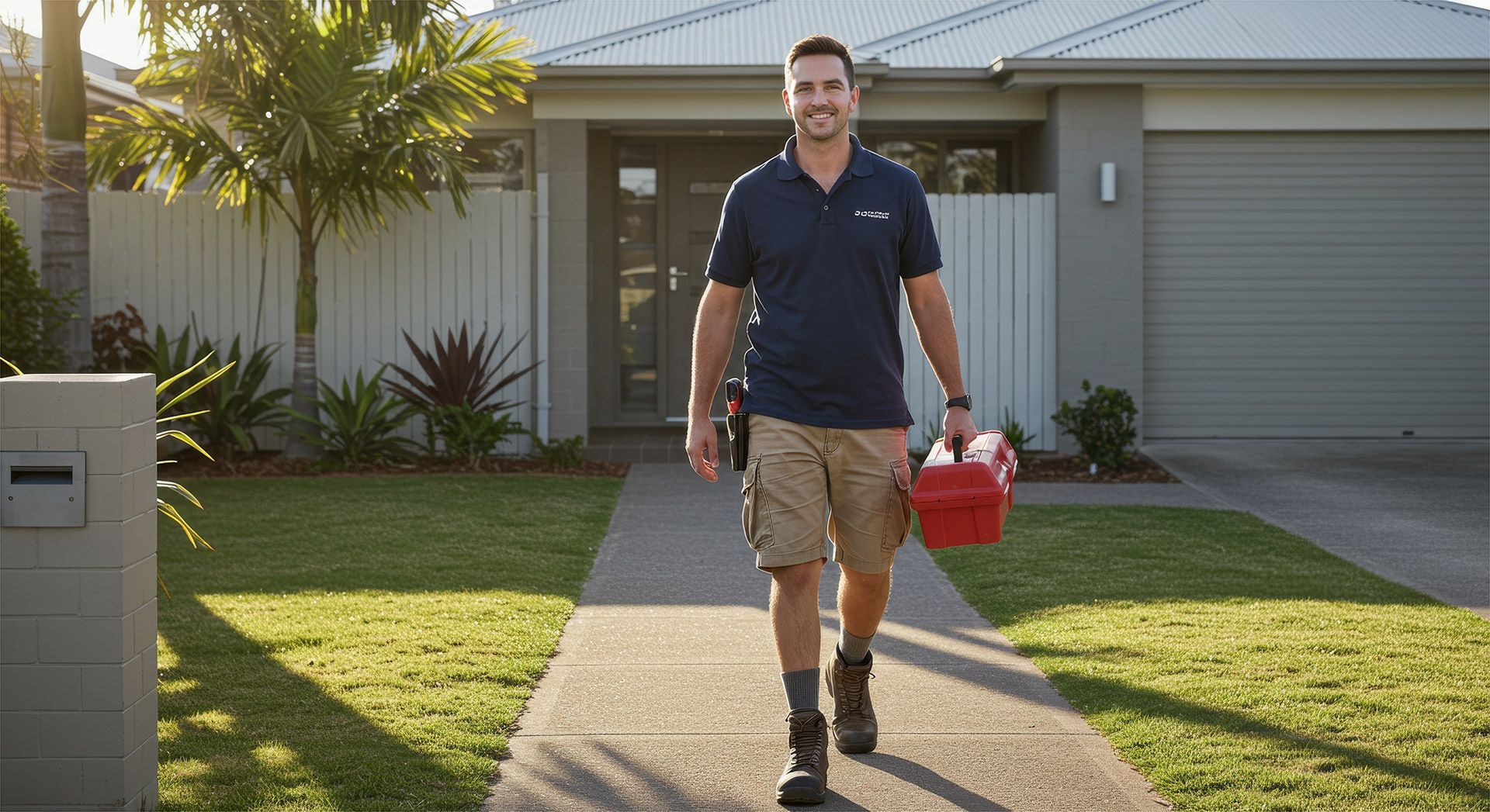 Handyman Carrying Toolbox Toward Mackay Home