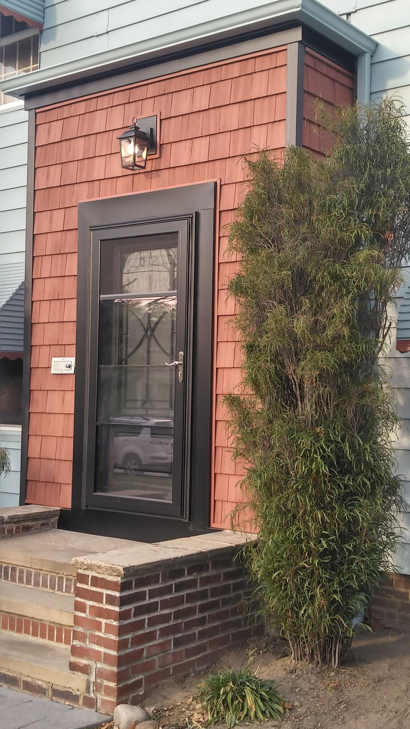A red shingled entryway with a dark storm door, brick steps, a porch light, and a tall green evergreen tree next to it.