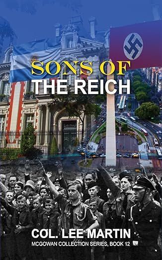 Book cover: Nazi flag, Argentinian flag, crowd saluting, city scene.