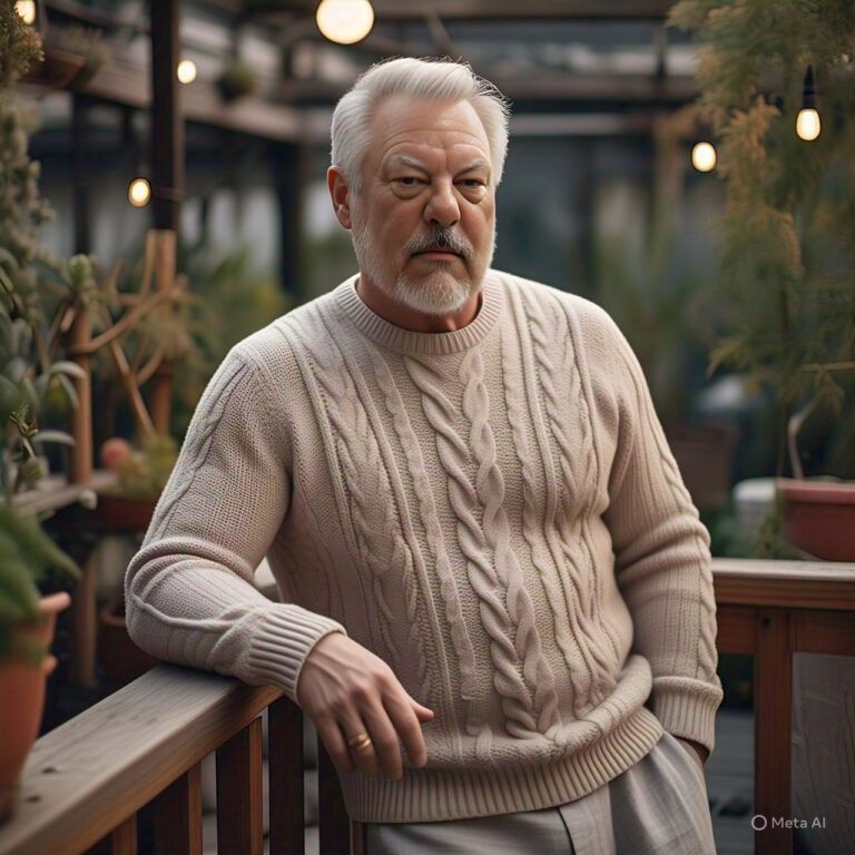 A man with a beard is leaning on a railing wearing a sweater