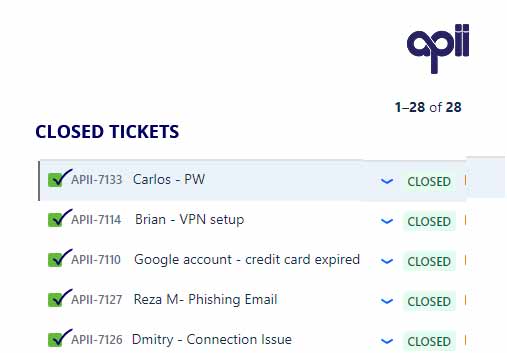 Jira Ticketing system Apii receives tickets and closed them from Carlos about a password Brian about a VPN setup a google account credit card expiry and Reza M about a phishing email