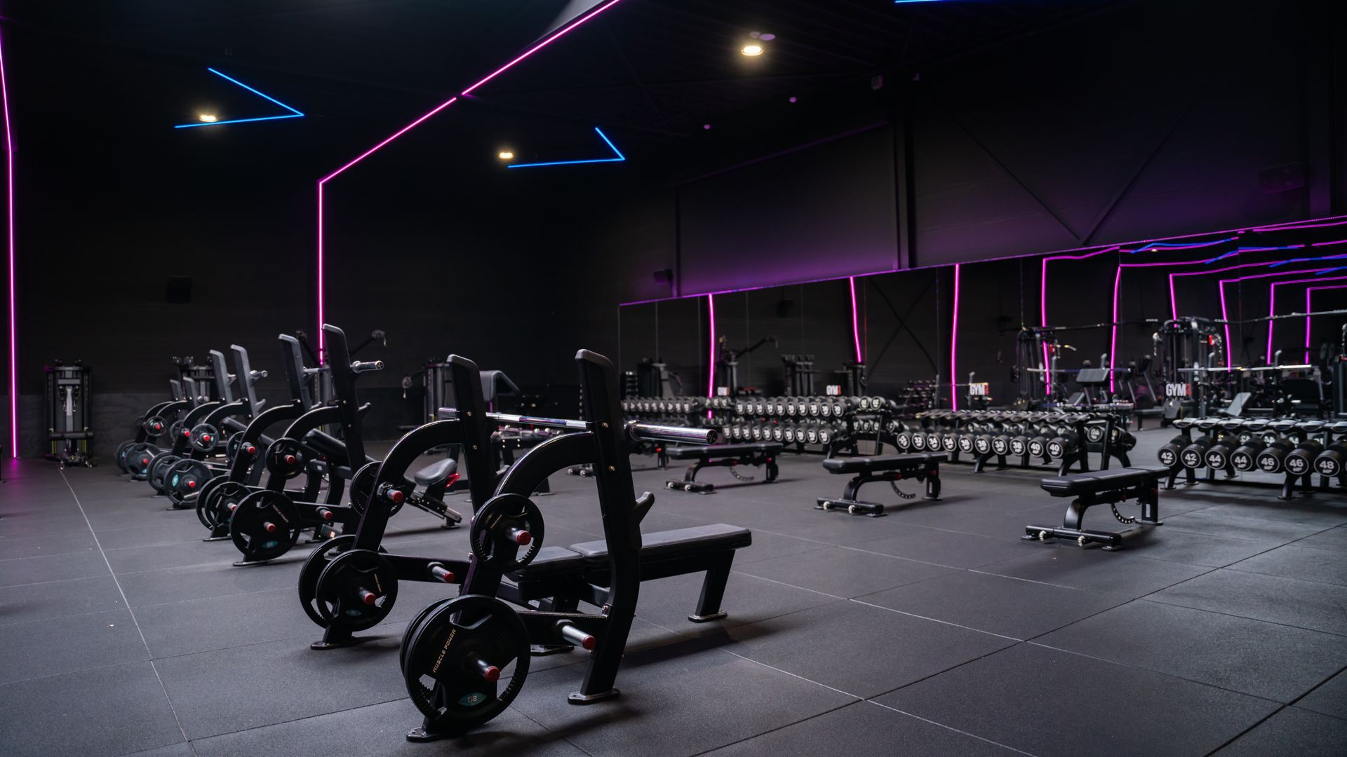 Sportschool met gewichten; donkere omgeving met paarse verlichting.
