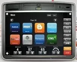 Een touchscreeninterface met pictogrammen voor sociale media-apps, tv, iPod en bedieningselementen voor oefeningen.