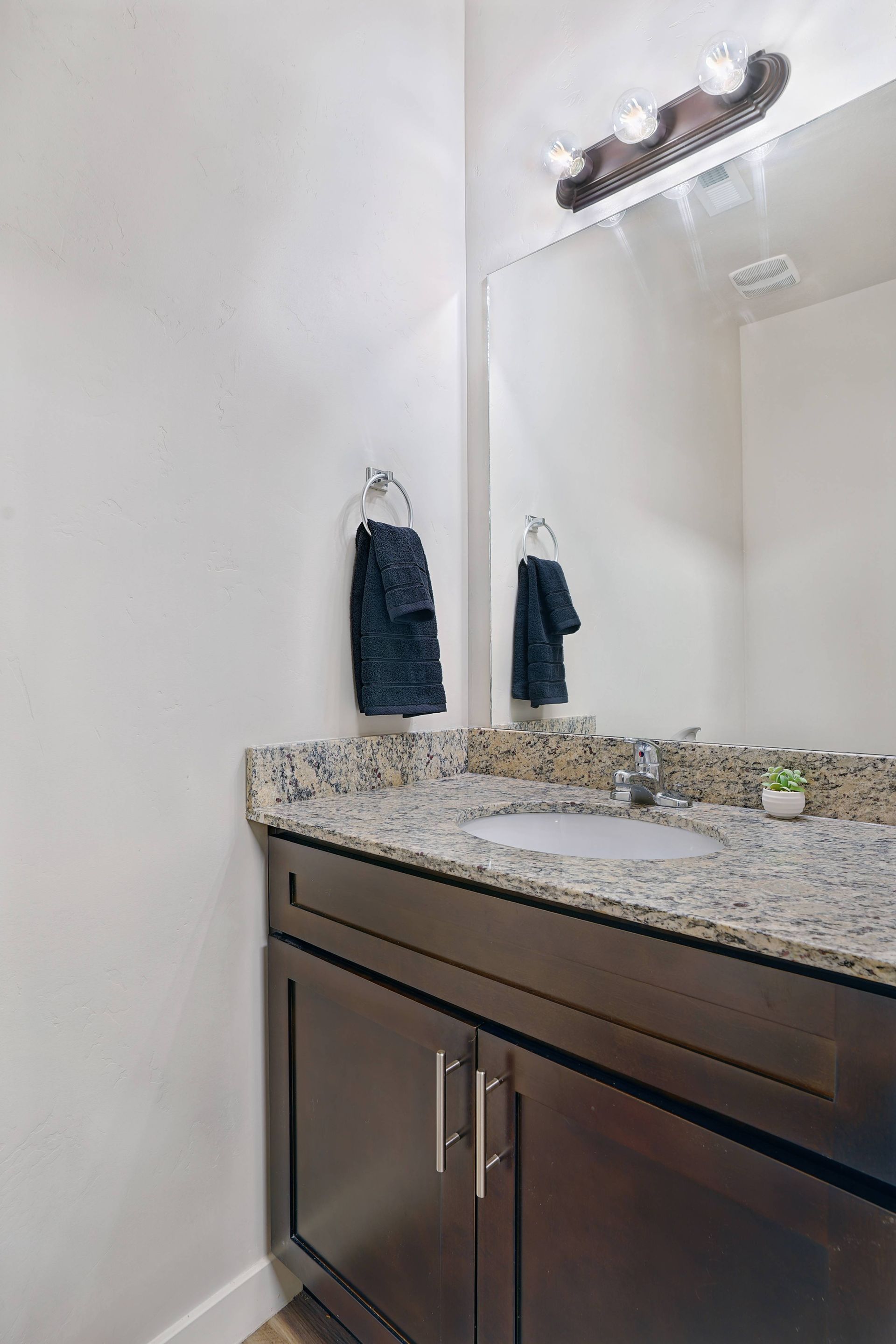 Bathroom vanity with dark wood cabinets, granite countertop, and mirror.