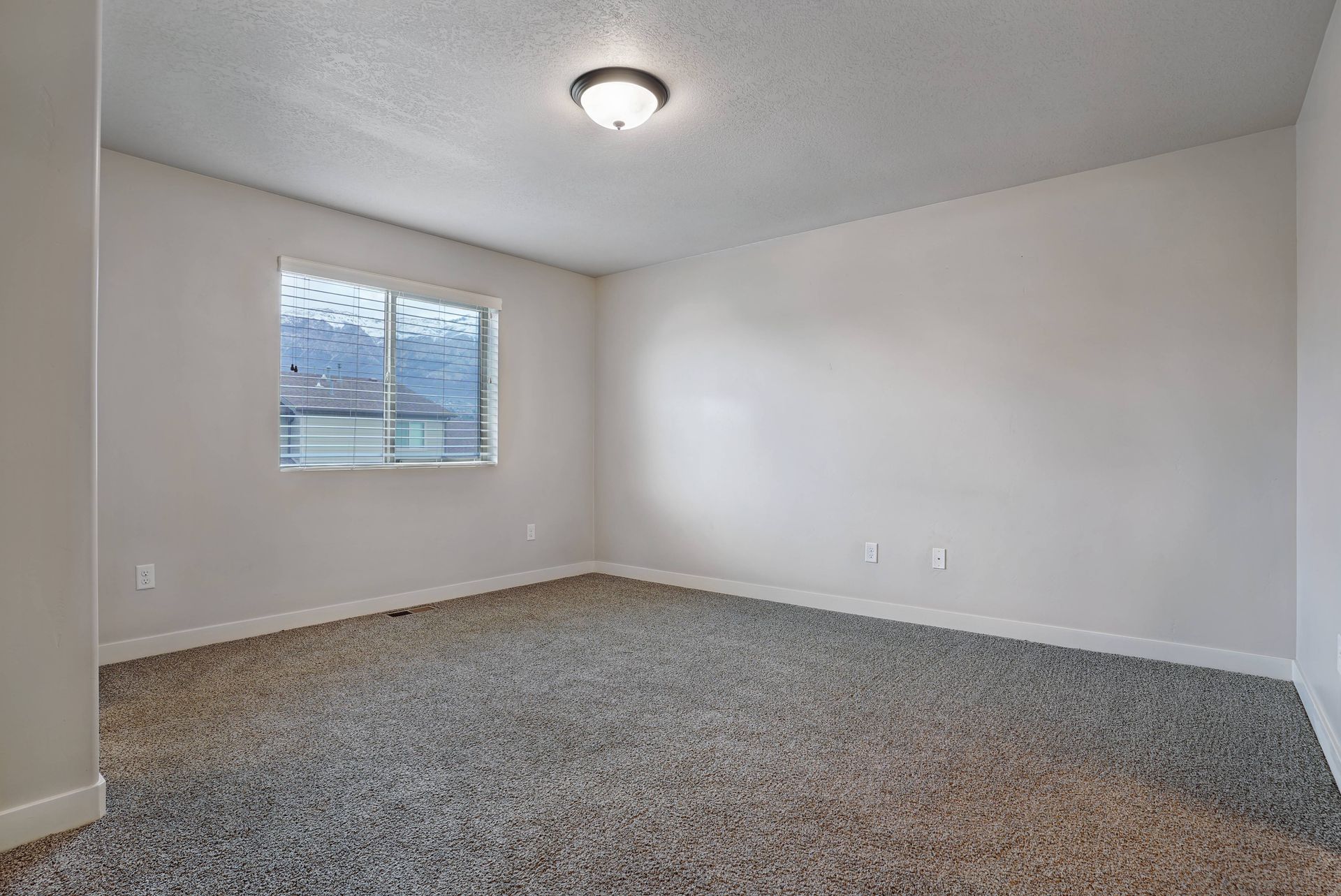 Empty room with gray carpet, a window, and a ceiling light.