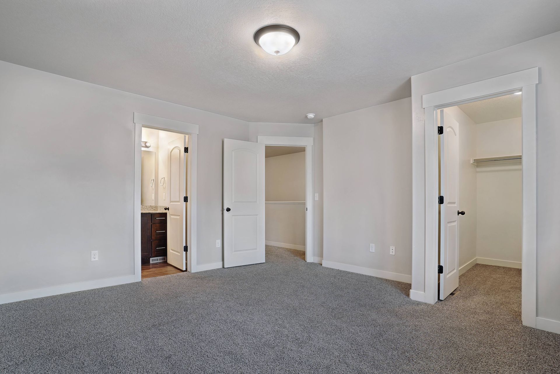 Bedroom with gray carpet, white walls, and three open doorways: bathroom, closet, and another room.