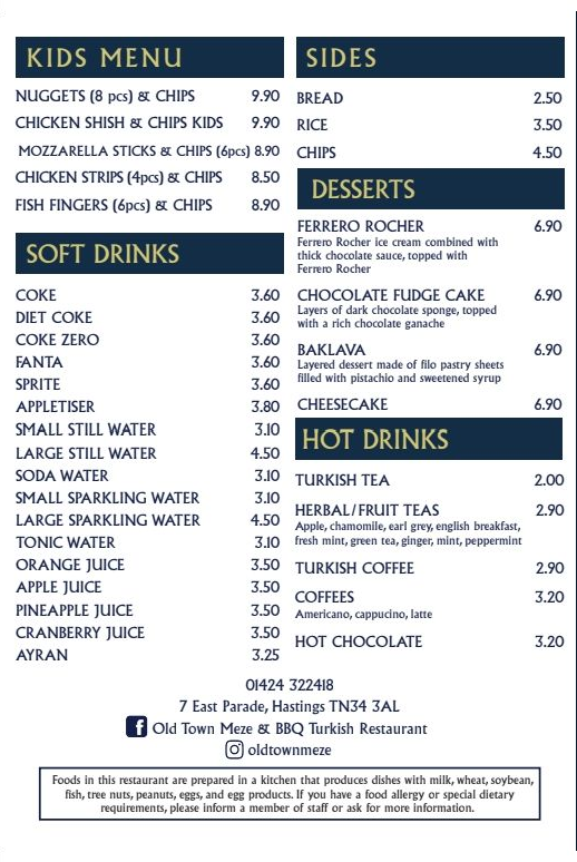 A menu for a restaurant that includes soft drinks and hot drinks