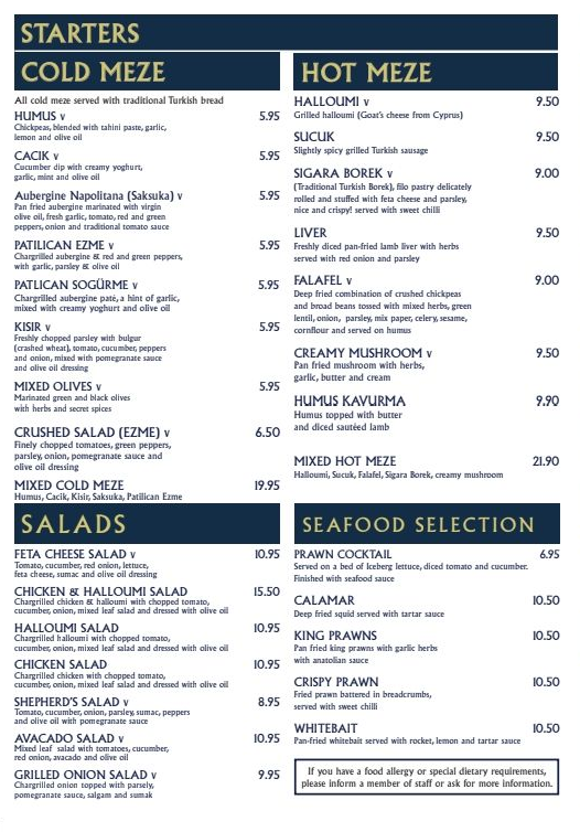 A menu with starters cold meze hot meze salads and seafood selection