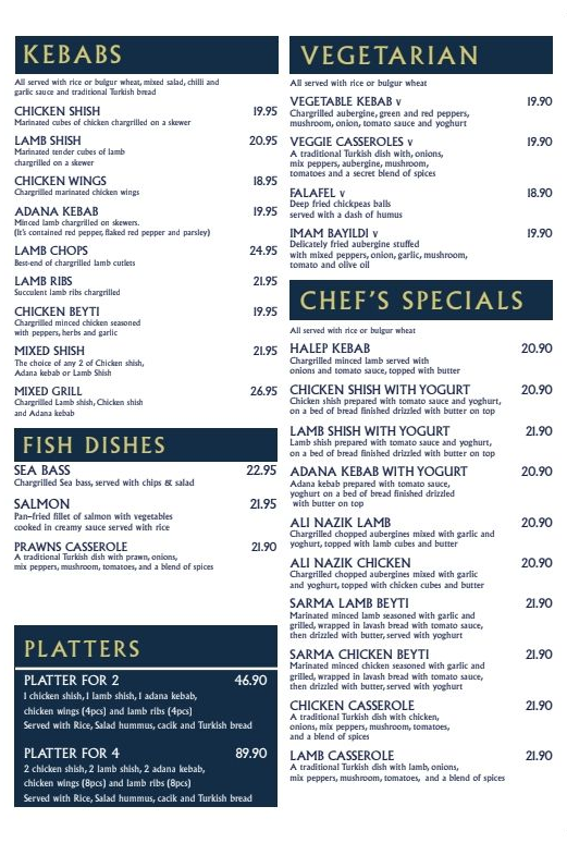 A menu for kebabs vegetarian and chef 's specials