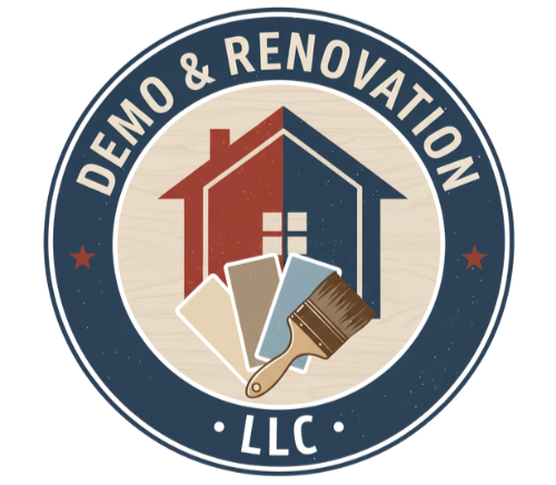 Logo for Demo & Renovation LLC: House icon split, paint swatches, brush, navy blue and red.