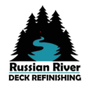 A logo for russian river deck refinishing with trees and a river
