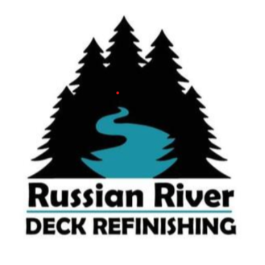 A logo for russian river deck refinishing with trees and a river