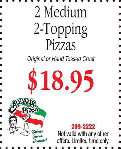 2 Medium 2 Topping Pizzas — Knoxville, IL — Pete Alfano's Pizzeria