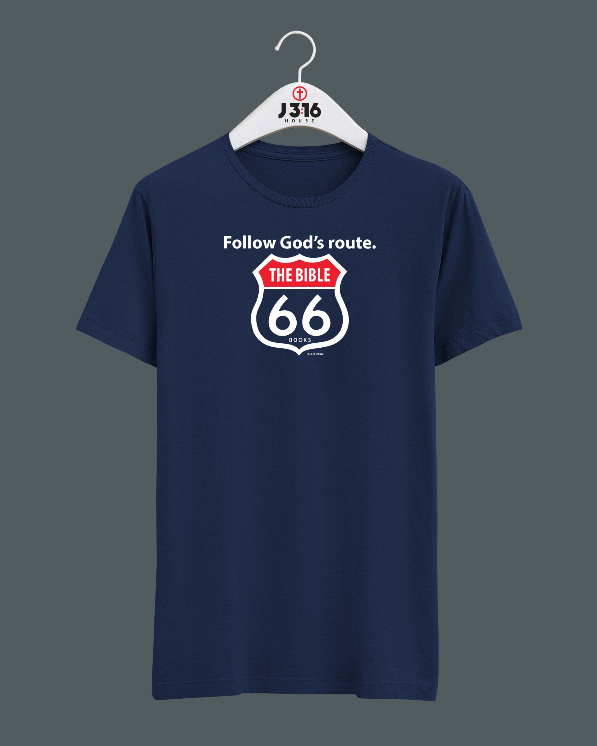 A blue t-shirt with a route 66 sign on it is hanging on a hanger.
